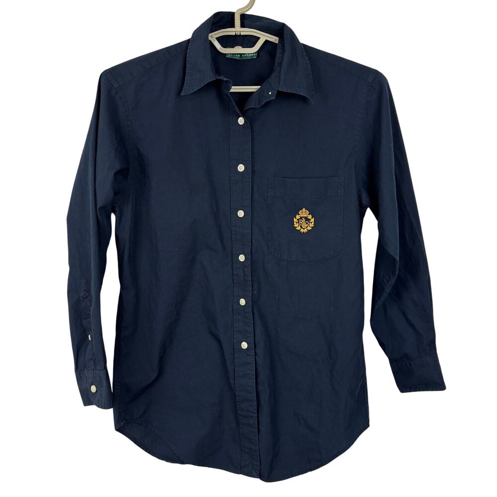 Lauren Ralph Lauren Navy Blue Button Up Shirt Crest Embroidery *stains